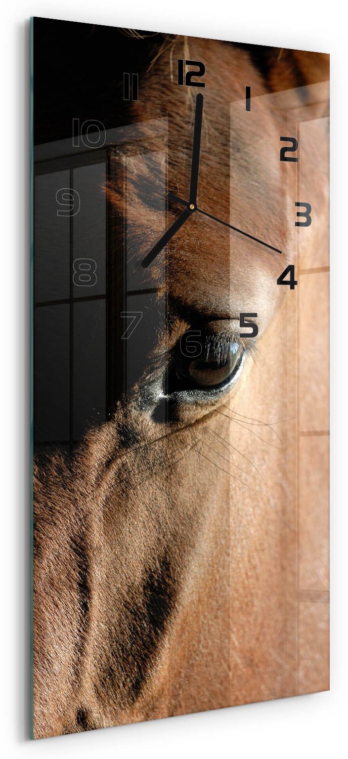 Tulup Wandklok - Paard Wandklok Glas Met Motief - 30x60 cm - Bruin Decoratieve Glazen Klok - Zwarte handen - Rechthoekige Klok - Gekleurde Glazen Klok - Glazen Klok Met Print