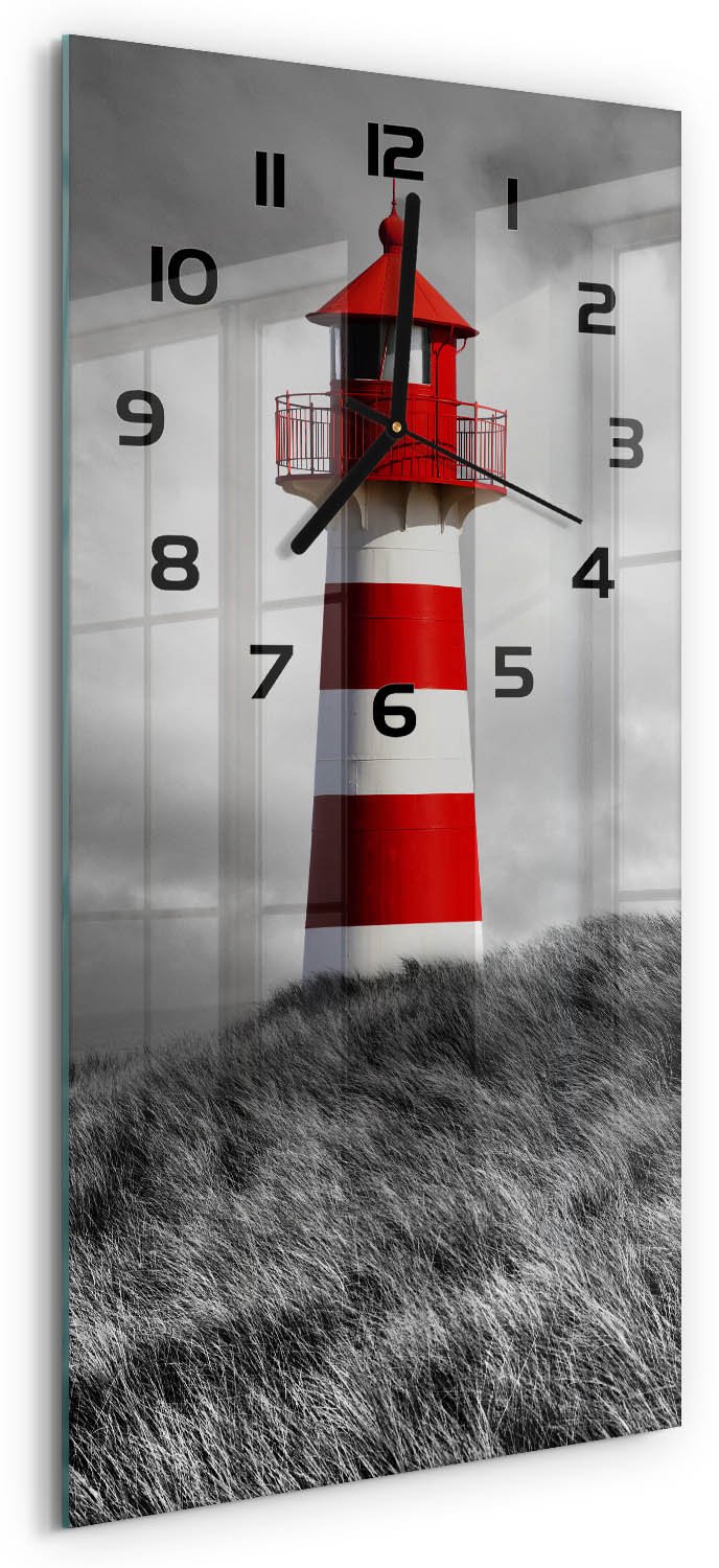 Tulup Wandklok - Vuurtoren Moderne Wandklok Glas - 30x60 cm - Rood Wandklok Glas Decoratie - Zwarte handen - Rechthoekige Klok - Glazen Wandklok Design - Klok Glas Met Opdruk