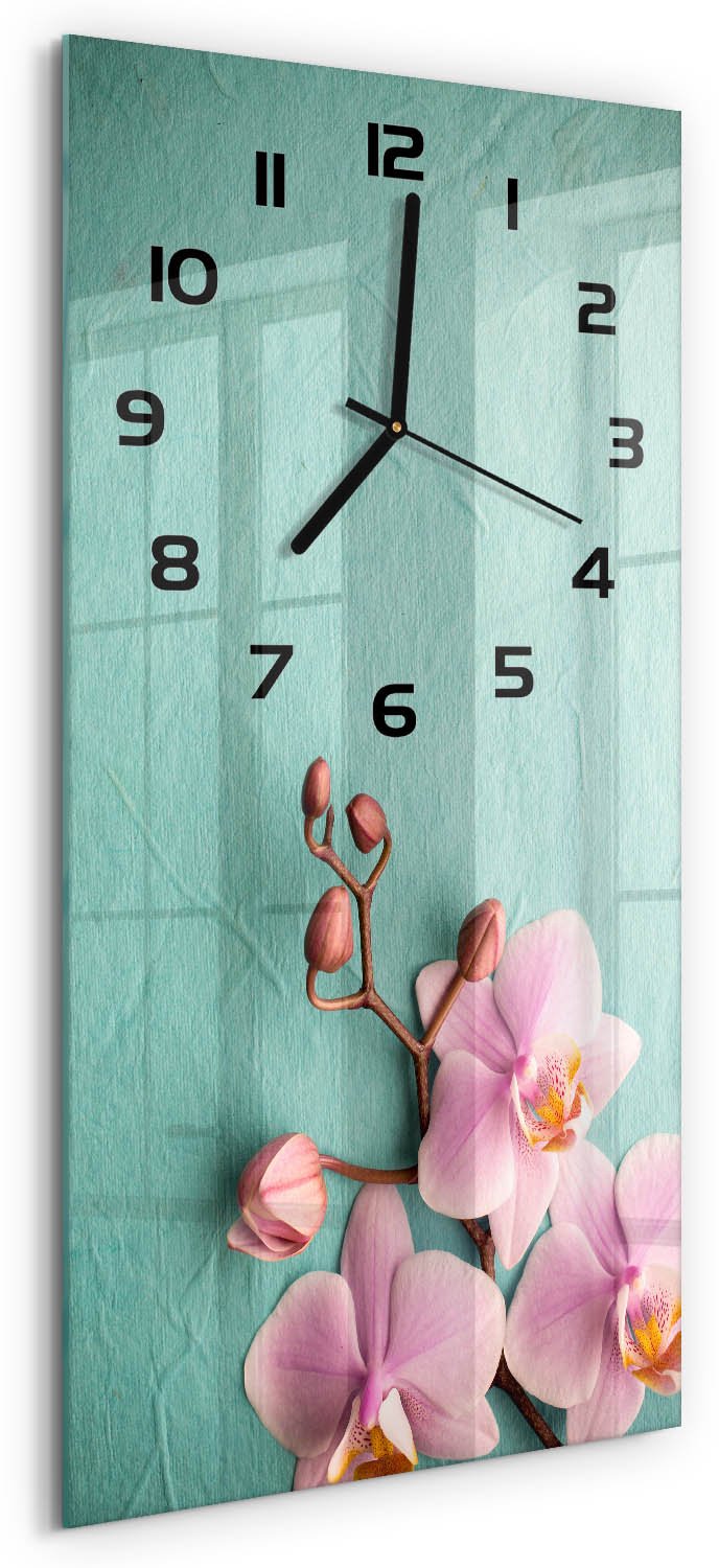 Tulup Wandklok - Orchidee Klok Glas Met Opdruk - 30x60 cm - Roze Moderne Wandklok Glas - Zwarte handen - Rechthoekige Klok - Decoratieve Glazen Klok - Glazen Wandklok Design