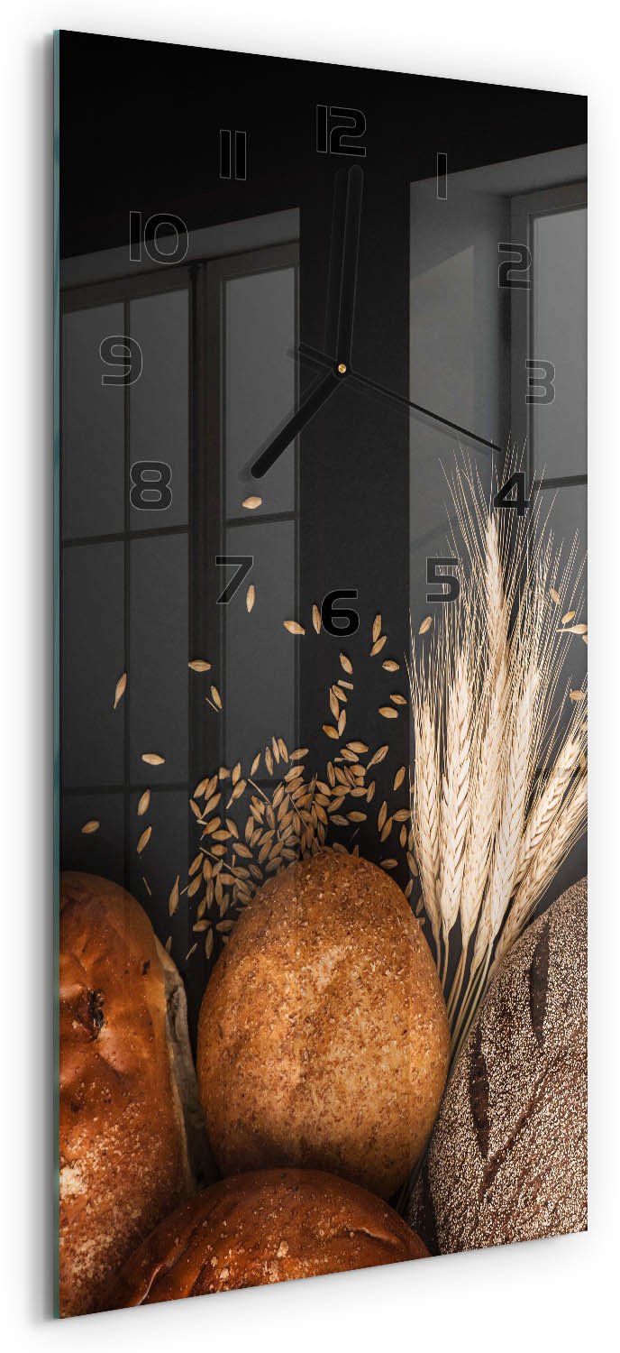 Tulup Wandklok - Brood en tarwe Wandklok Glas Decoratie - 30x60 cm - Bruin Gekleurde Glazen Klok - Zwarte handen - Rechthoekige Klok - Klok Glas Met Opdruk - Moderne Wandklok Glas
