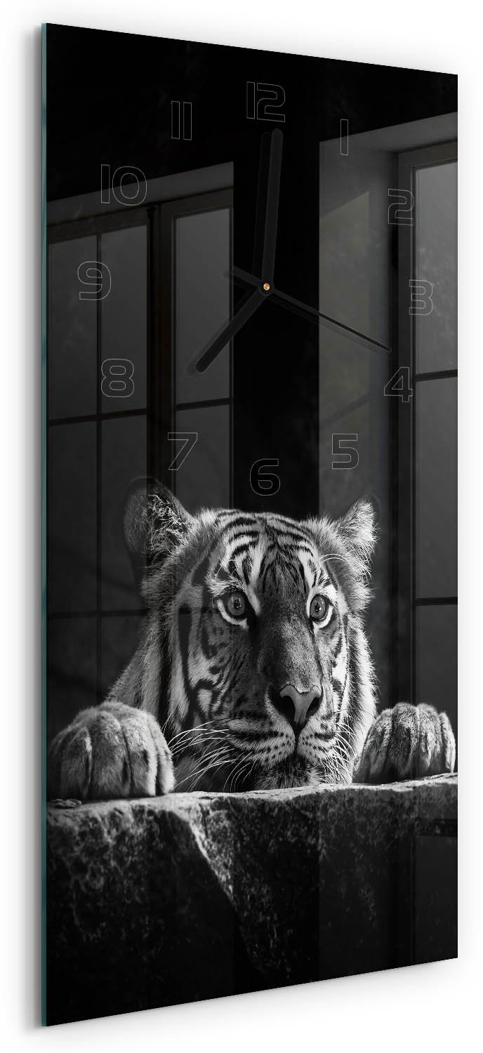 Tulup Wandklok - Tijger Moderne Wandklok Glas - 30x60 cm - Zwart-wit Wandklok Glas Decoratie - Zwarte handen - Rechthoekige Klok - Glazen Wandklok Design - Klok Glas Met Opdruk