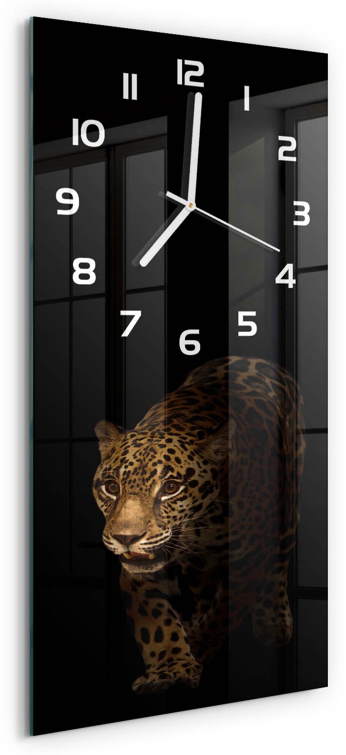 Tulup Wandklok - Jaguar Wandklok Glas Met Motief - 30x60 cm - Zwart Decoratieve Glazen Klok - Witte handen - Rechthoekige Klok - Gekleurde Glazen Klok - Glazen Klok Met Print