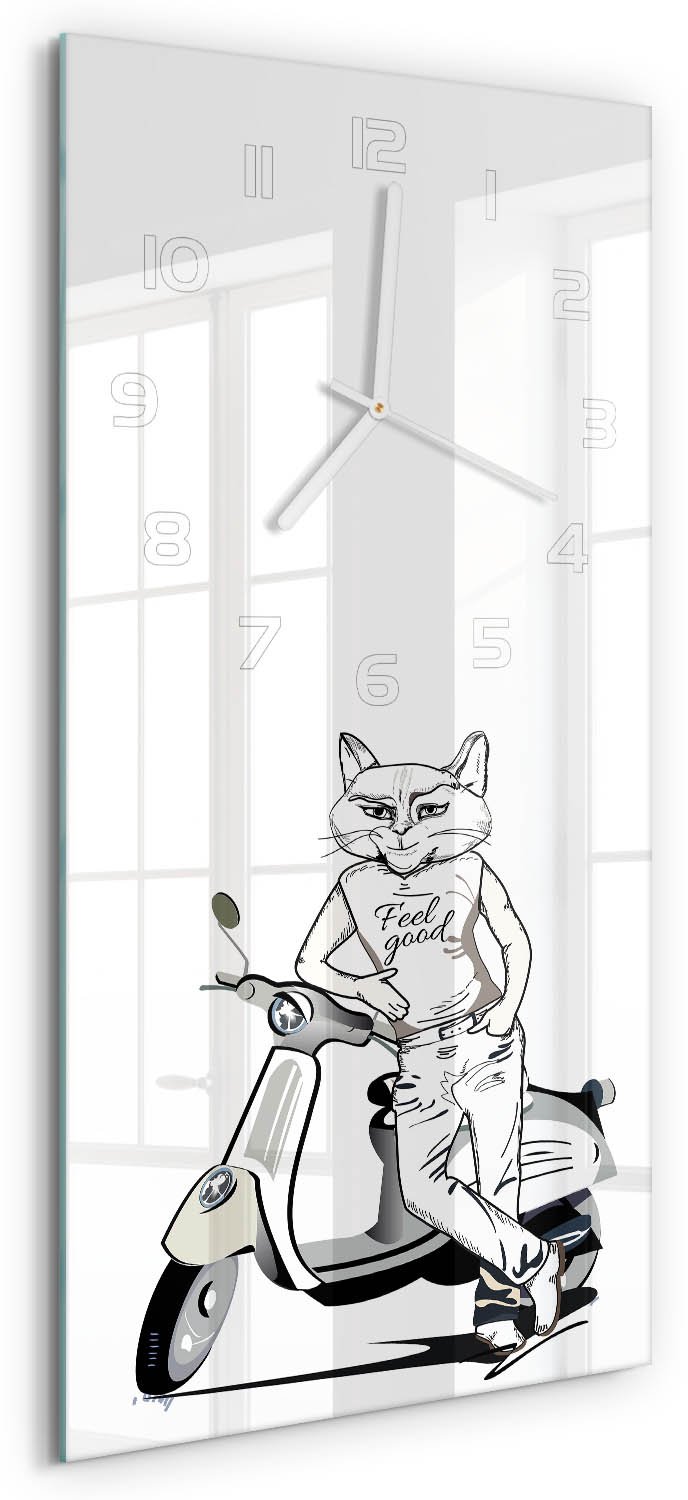 Tulup Wandklok - Mannelijke katten Klok Glas Met Opdruk - 30x60 cm - Zwart-wit Moderne Wandklok Glas - Witte handen - Rechthoekige Klok - Decoratieve Glazen Klok - Glazen Wandklok Design