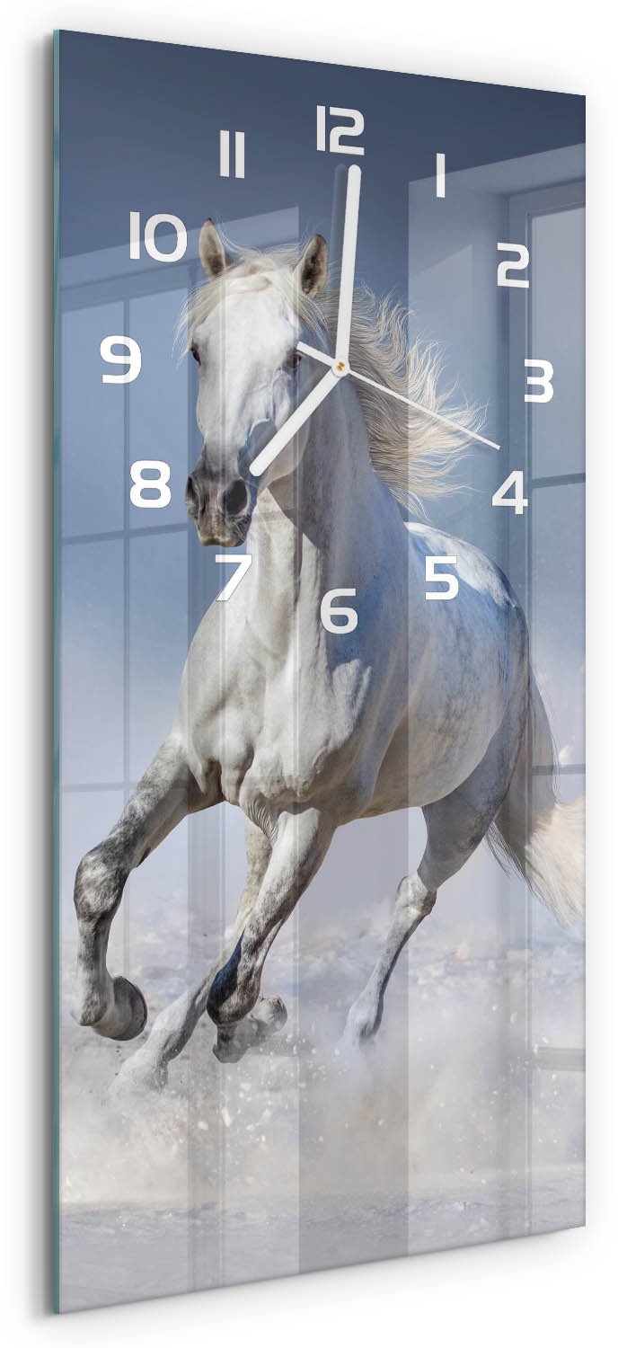 Tulup Wandklok - Galopperend grijs paard Glazen Wandklok Design - 30x60 cm - Wit Klok Glas Met Opdruk - Witte handen - Rechthoekige Klok - Wandklok Glas Met Motief - Decoratieve Glazen Klok
