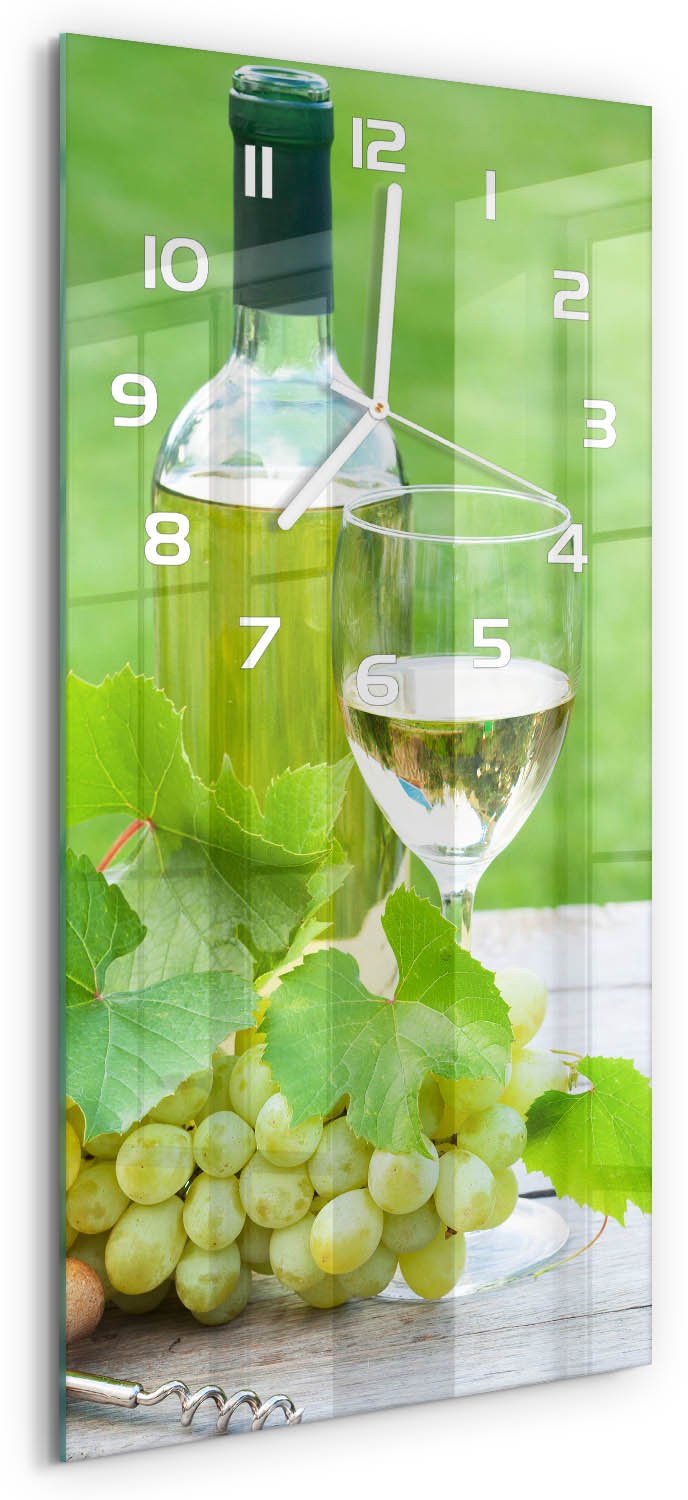 Tulup Wandklok - Druiven en wijn Decoratieve Glazen Klok - 30x60 cm - Groente Glazen Wandklok Design - Witte handen - Rechthoekige Klok - Glazen Klok Met Print - Wandklok Glas Met Motief