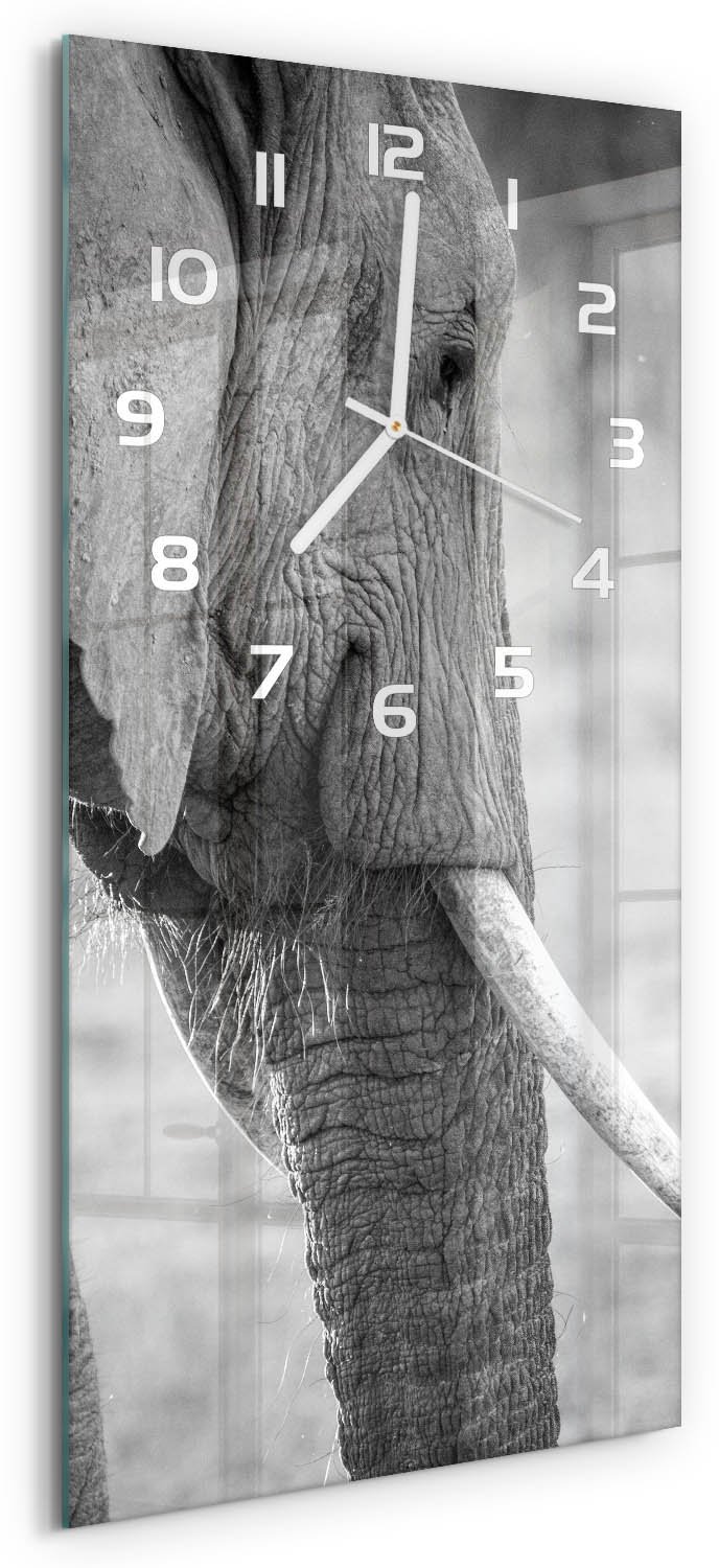 Tulup Wandklok - Olifant Wandklok Glas Met Motief - 30x60 cm - Zwart-wit Decoratieve Glazen Klok - Witte handen - Rechthoekige Klok - Gekleurde Glazen Klok - Glazen Klok Met Print