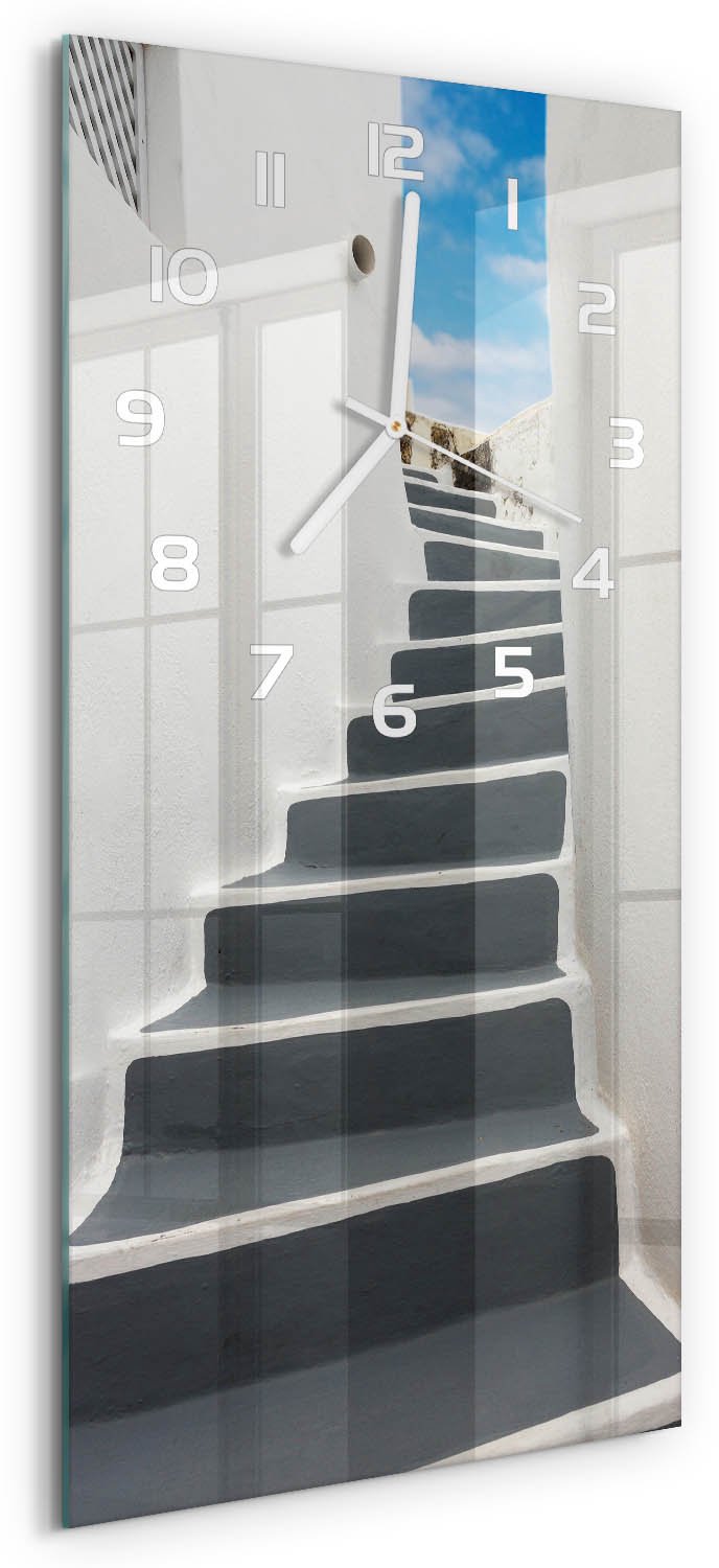 Tulup Wandklok - Santorini, Griekenland Wandklok Glas Met Motief - 30x60 cm - Grijs Decoratieve Glazen Klok - Witte handen - Rechthoekige Klok - Gekleurde Glazen Klok - Glazen Klok Met Print