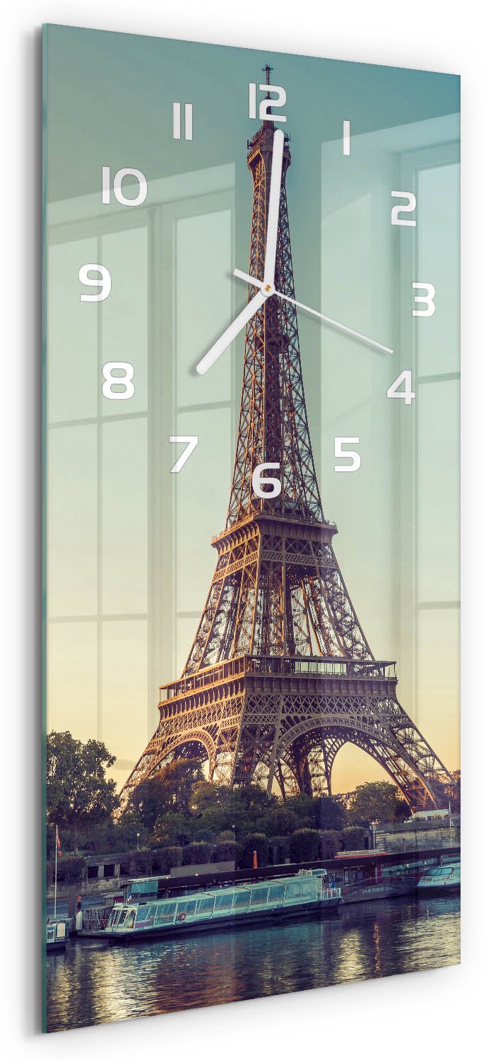 Tulup Wandklok - Eiffeltoren Parijs Decoratieve Glazen Klok - 30x60 cm - Geel Glazen Wandklok Design - Witte handen - Rechthoekige Klok - Glazen Klok Met Print - Wandklok Glas Met Motief