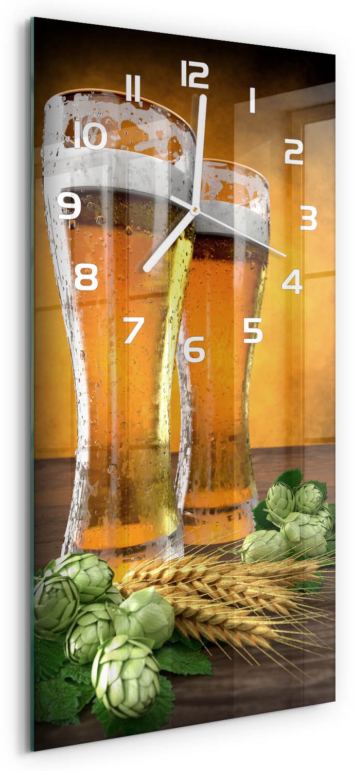 Tulup Wandklok - Twee glazen bier Glazen Wandklok Design - 30x60 cm - Oranje Klok Glas Met Opdruk - Witte handen - Rechthoekige Klok - Wandklok Glas Met Motief - Decoratieve Glazen Klok