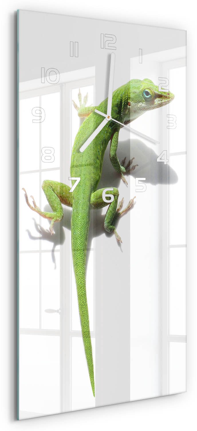 Tulup Wandklok - Groene hagedis Moderne Wandklok Glas - 30x60 cm - Groente Wandklok Glas Decoratie - Witte handen - Rechthoekige Klok - Glazen Wandklok Design - Klok Glas Met Opdruk