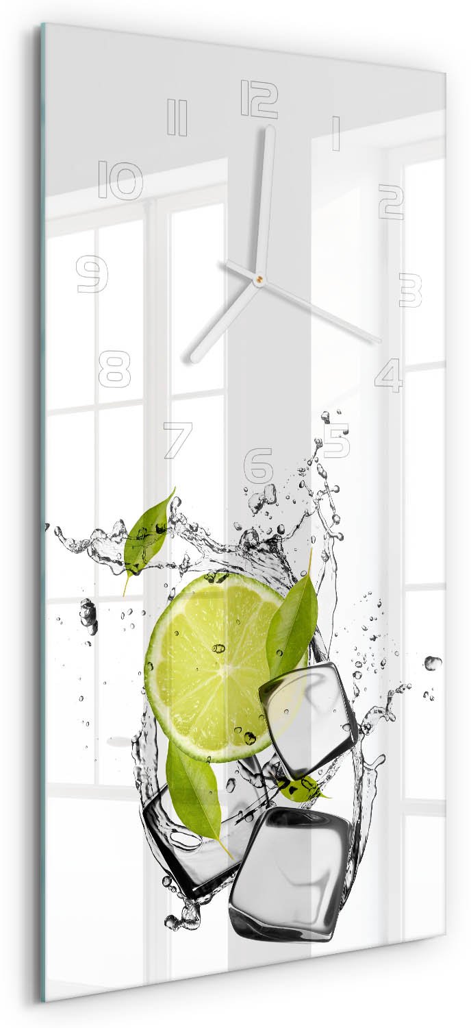 Tulup Wandklok - Limoen met ijs Glazen Klok Met Print - 30x60 cm - Groente Wandklok Glas Met Motief - Witte handen - Rechthoekige Klok - Wandklok Glas Decoratie - Gekleurde Glazen Klok