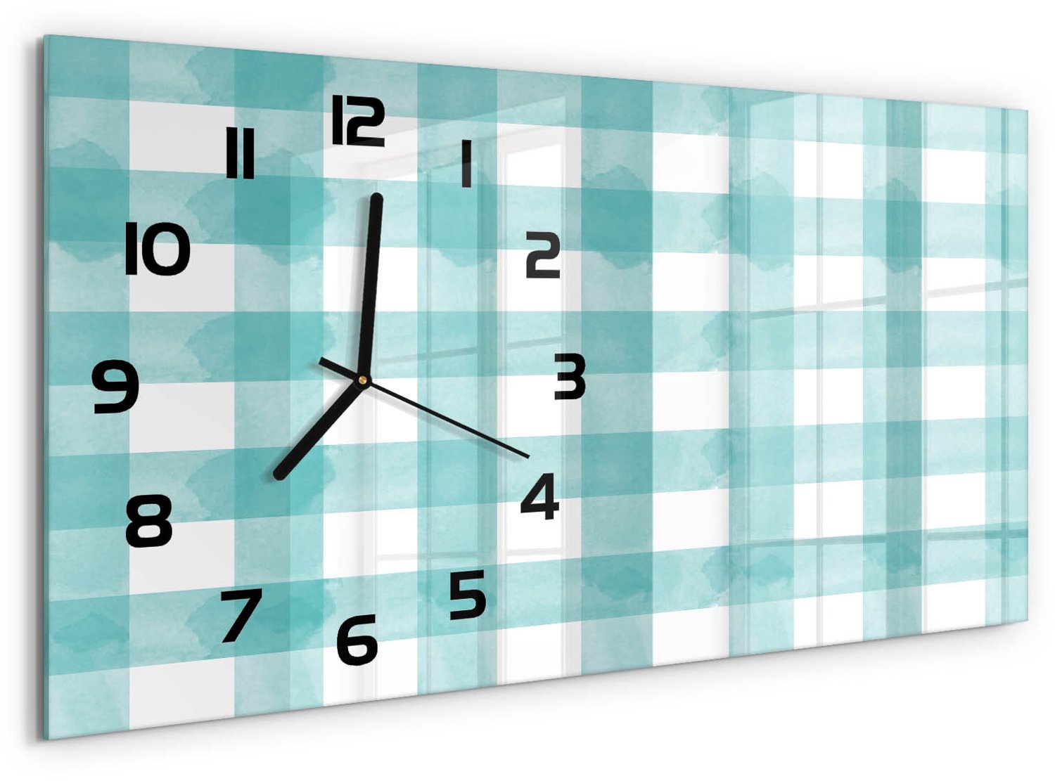 TULUP Wandklok - Blauw raster Wandklok Glas Decoratie - 60x30 cm - Blauw Gekleurde Glazen Klok - Zwarte handen - Rechthoekige Klok - Klok Glas Met Opdruk - Moderne Wandklok Glas