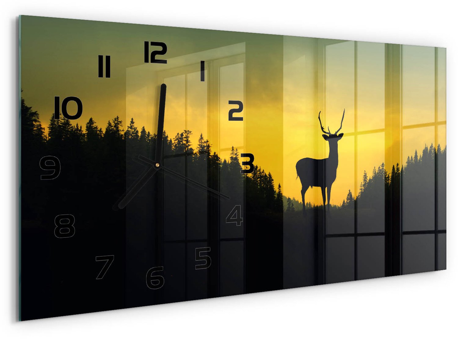 TULUP Wandklok - Hert Glazen Wandklok Design - 60x30 cm - Geel Klok Glas Met Opdruk - Zwarte handen - Rechthoekige Klok - Wandklok Glas Met Motief - Decoratieve Glazen Klok