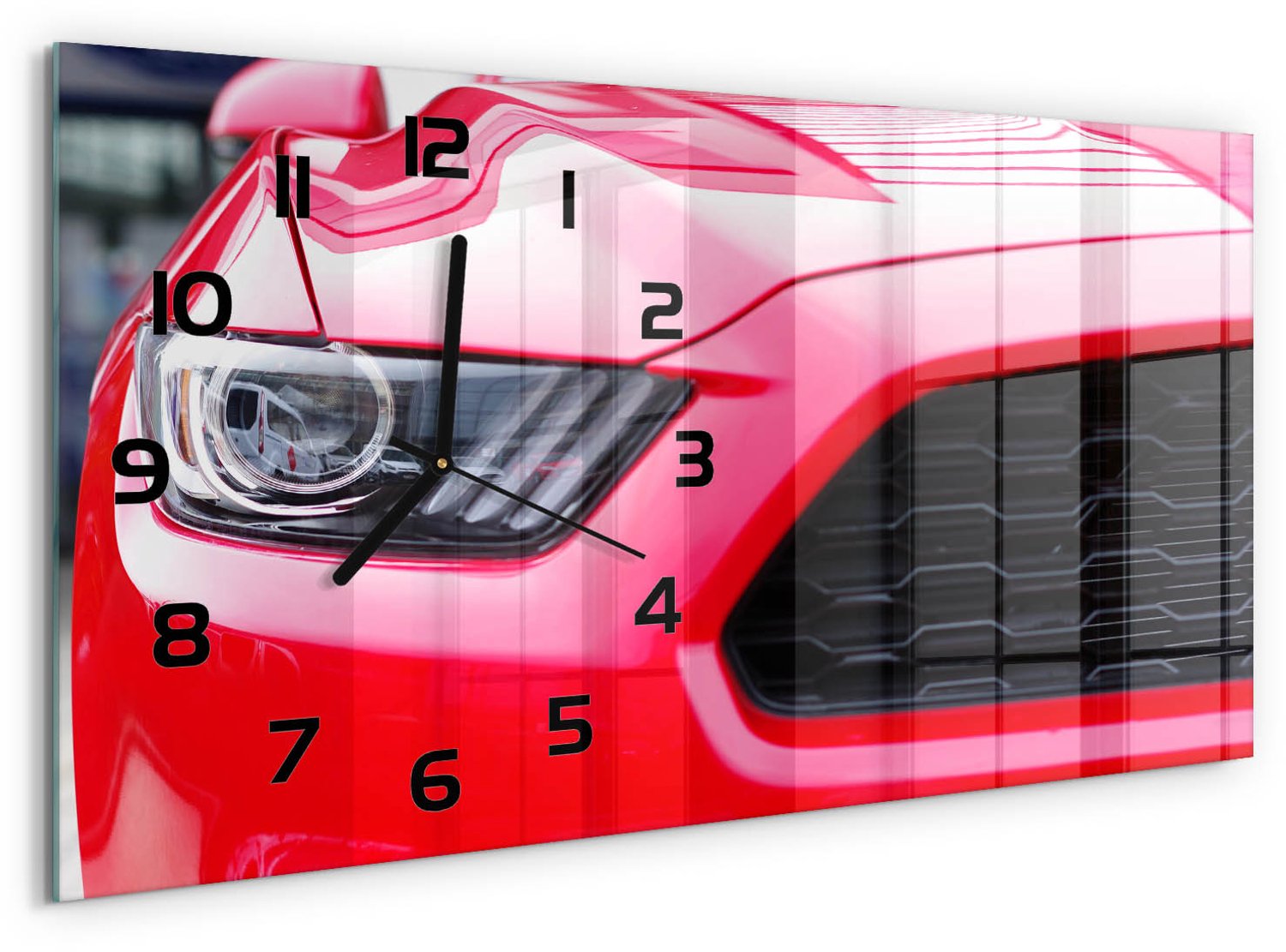TULUP Wandklok - Rode Mustang Moderne Wandklok Glas - 60x30 cm - Rood Wandklok Glas Decoratie - Zwarte handen - Rechthoekige Klok - Glazen Wandklok Design - Klok Glas Met Opdruk