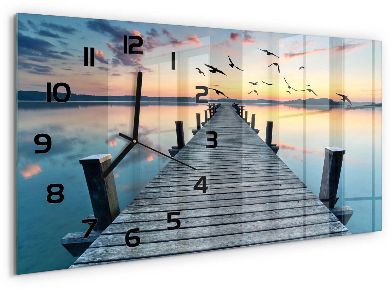TULUP Wandklok - Houten brug Klok Glas Met Opdruk - 60x30 cm - Blauw Moderne Wandklok Glas - Zwarte handen - Rechthoekige Klok - Decoratieve Glazen Klok - Glazen Wandklok Design