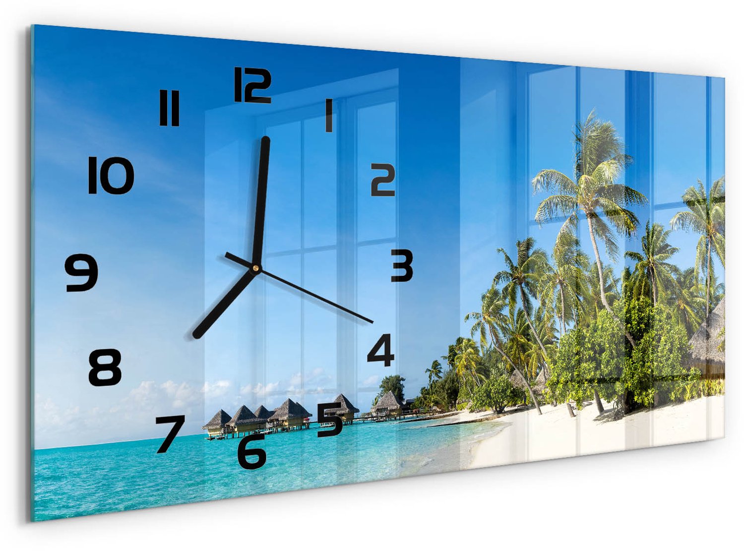 TULUP Wandklok - Caribisch strand Wandklok Glas Decoratie - 60x30 cm - Blauw Gekleurde Glazen Klok - Zwarte handen - Rechthoekige Klok - Klok Glas Met Opdruk - Moderne Wandklok Glas
