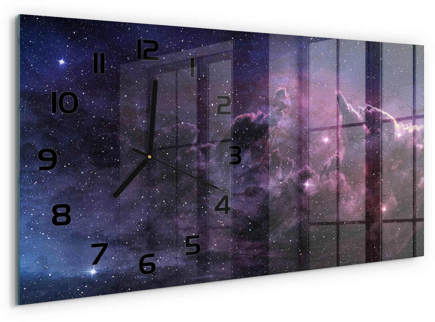 TULUP Wandklok - Mist Glazen Wandklok Design - 60x30 cm - Paars Klok Glas Met Opdruk - Zwarte handen - Rechthoekige Klok - Wandklok Glas Met Motief - Decoratieve Glazen Klok