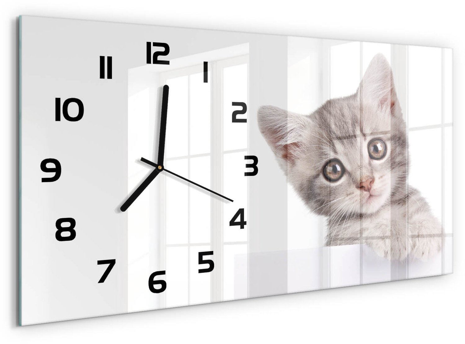 TULUP Wandklok - Grijze kat Glazen Wandklok Design - 60x30 cm - Grijs Klok Glas Met Opdruk - Zwarte handen - Rechthoekige Klok - Wandklok Glas Met Motief - Decoratieve Glazen Klok