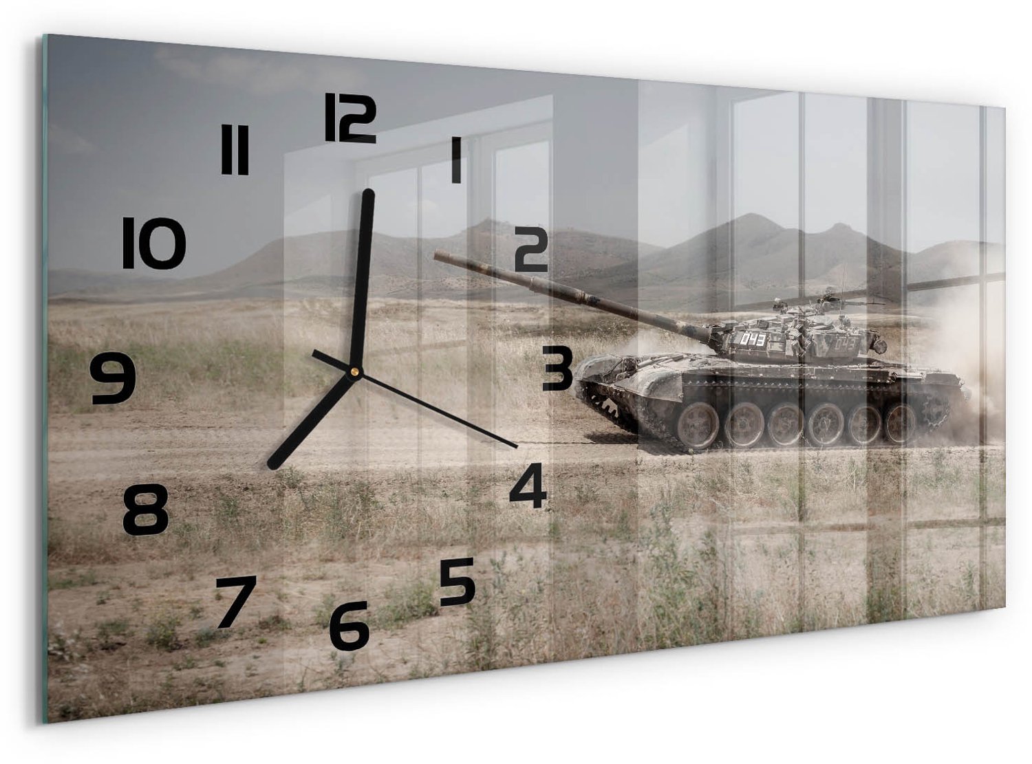 TULUP Wandklok - Tank in de woestijn Glazen Wandklok Design - 60x30 cm - Beige Klok Glas Met Opdruk - Zwarte handen - Rechthoekige Klok - Wandklok Glas Met Motief - Decoratieve Glazen Klok