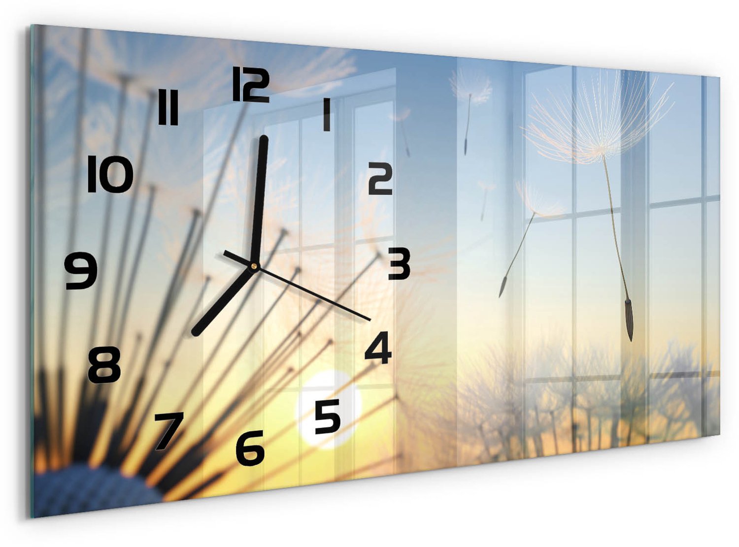 TULUP Wandklok - Paardenbloemzaden Decoratieve Glazen Klok - 60x30 cm - Veelkleurig Glazen Wandklok Design - Zwarte handen - Rechthoekige Klok - Glazen Klok Met Print - Wandklok Glas Met Motief