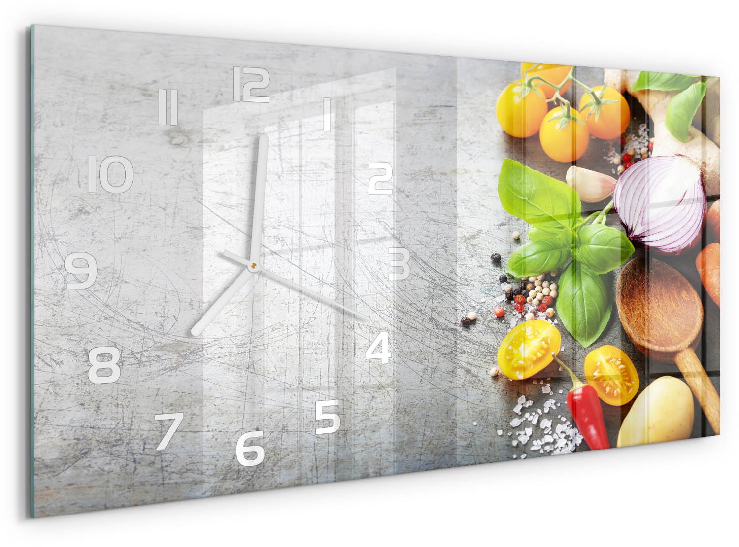 TULUP Wandklok - Groenten Moderne Wandklok Glas - 60x30 cm - Veelkleurig Wandklok Glas Decoratie - Witte handen - Rechthoekige Klok - Glazen Wandklok Design - Klok Glas Met Opdruk