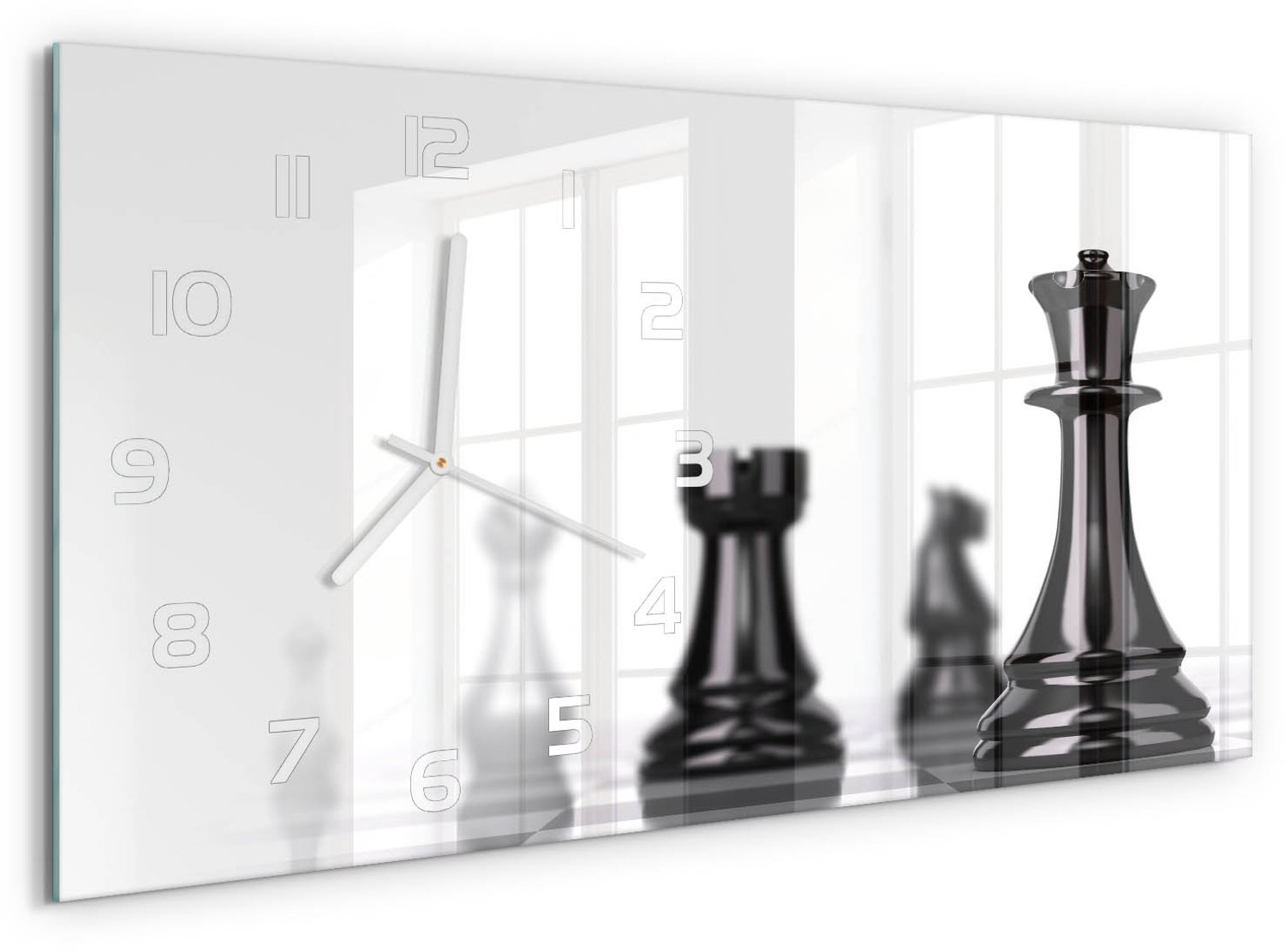 TULUP Wandklok - Schaakbord Klok Glas Met Opdruk - 60x30 cm - Zwart-wit Moderne Wandklok Glas - Witte handen - Rechthoekige Klok - Decoratieve Glazen Klok - Glazen Wandklok Design