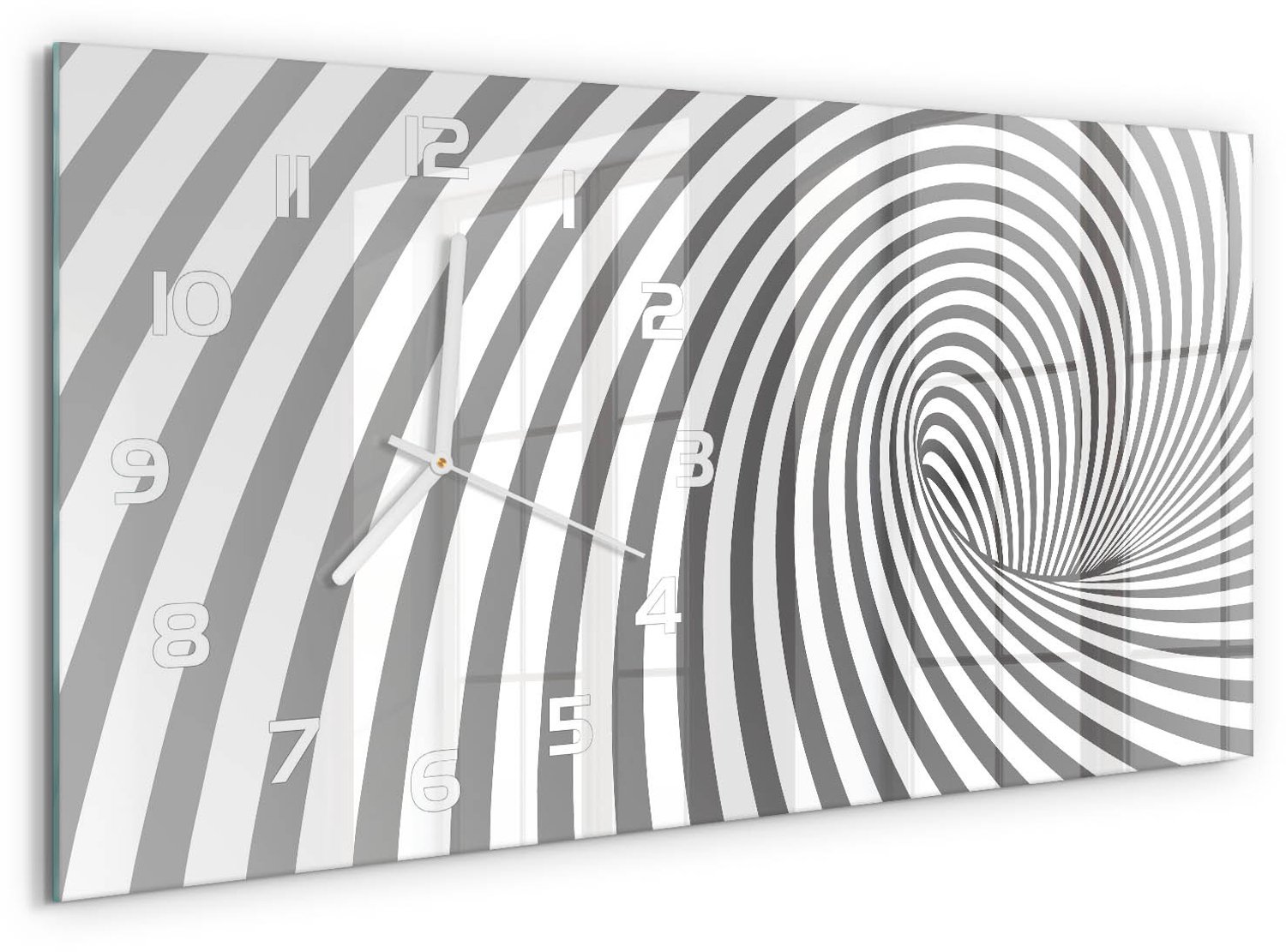 TULUP Wandklok - Spiraal met strepen Glazen Klok Met Print - 60x30 cm - Grijs Wandklok Glas Met Motief - Witte handen - Rechthoekige Klok - Wandklok Glas Decoratie - Gekleurde Glazen Klok