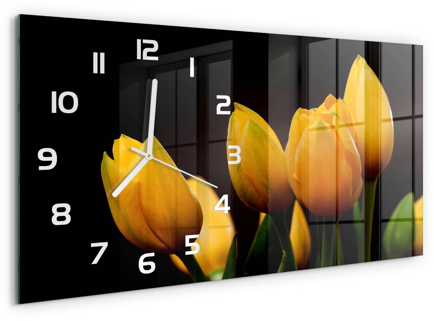 TULUP Wandklok - Gele tulpen Wandklok Glas Decoratie - 60x30 cm - Geel Gekleurde Glazen Klok - Witte handen - Rechthoekige Klok - Klok Glas Met Opdruk - Moderne Wandklok Glas