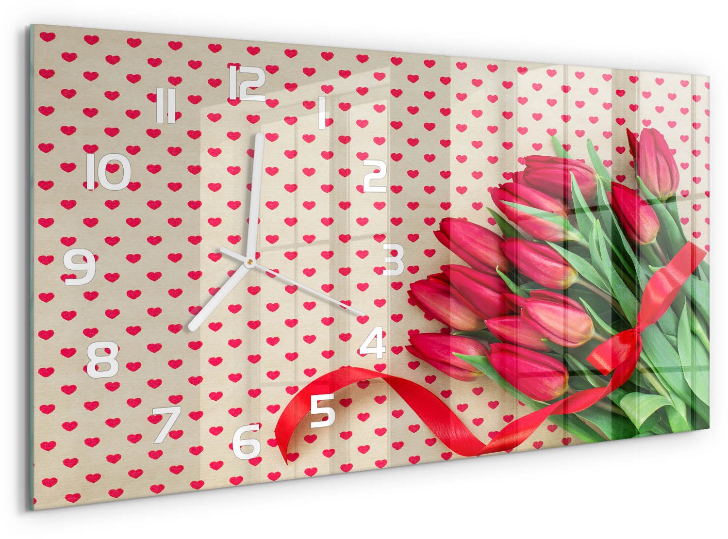 TULUP Wandklok - Tulpenharten Wandklok Glas Decoratie - 60x30 cm - Rood Gekleurde Glazen Klok - Witte handen - Rechthoekige Klok - Klok Glas Met Opdruk - Moderne Wandklok Glas