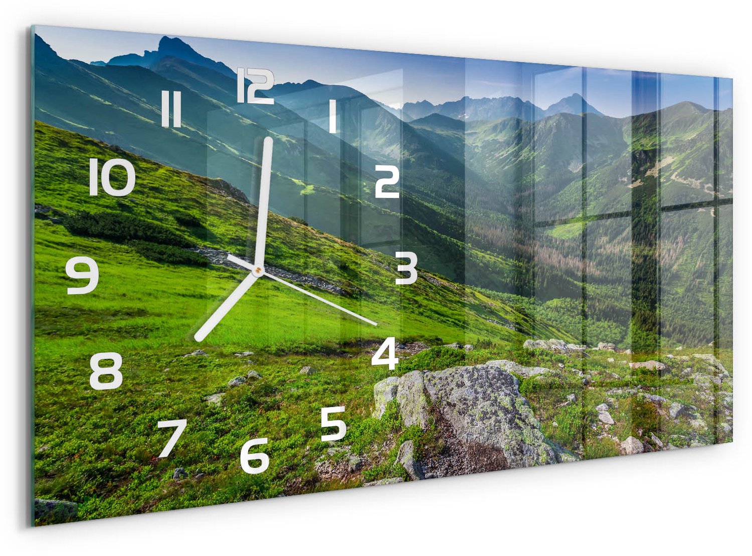 TULUP Wandklok - Schemering in de bergen Gekleurde Glazen Klok - 60x30 cm - Groente Glazen Klok Met Print - Witte handen - Rechthoekige Klok - Moderne Wandklok Glas - Wandklok Glas Decoratie