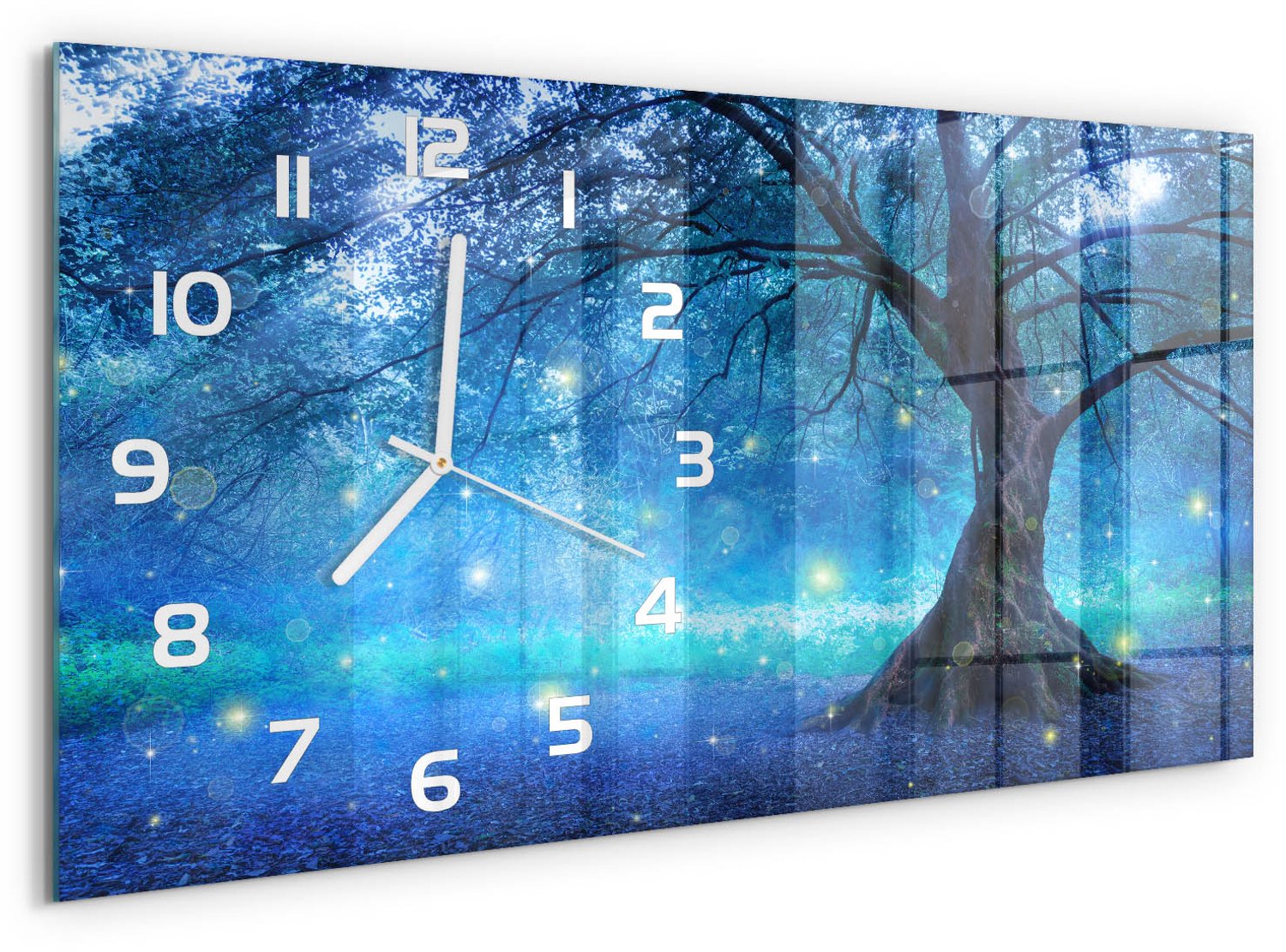 TULUP Wandklok - Mysterieus bos Moderne Wandklok Glas - 60x30 cm - Blauw Wandklok Glas Decoratie - Witte handen - Rechthoekige Klok - Glazen Wandklok Design - Klok Glas Met Opdruk