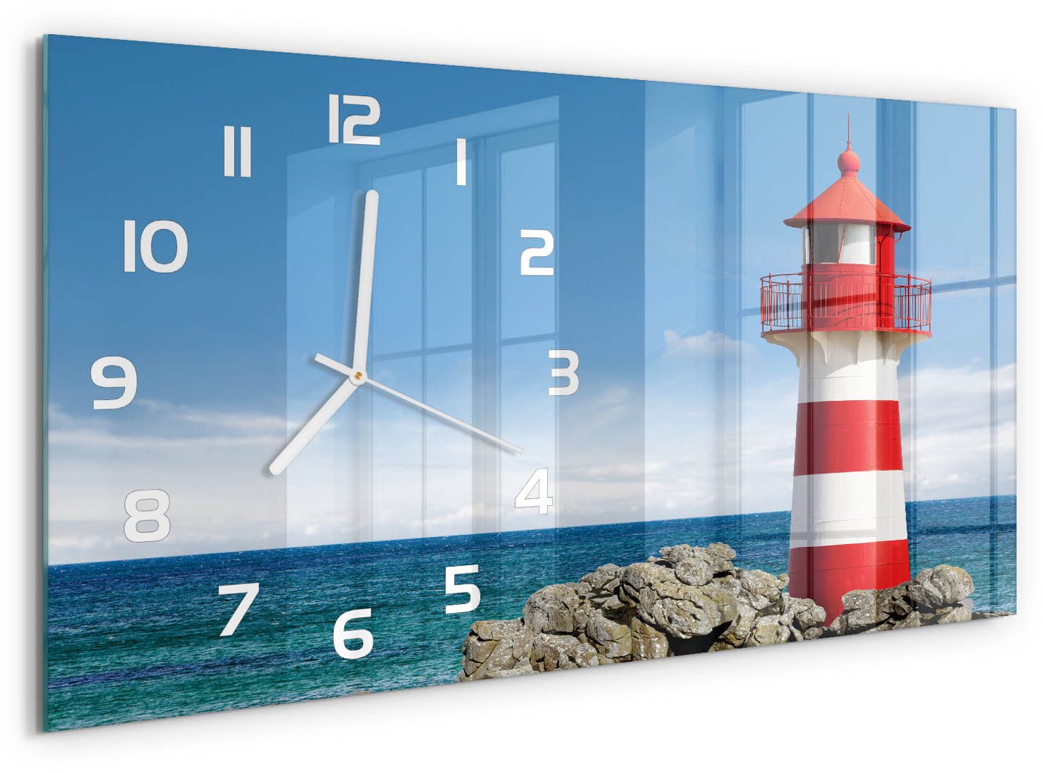 TULUP Wandklok - Vuurtoren Wandklok Glas Decoratie - 60x30 cm - Rood Gekleurde Glazen Klok - Witte handen - Rechthoekige Klok - Klok Glas Met Opdruk - Moderne Wandklok Glas