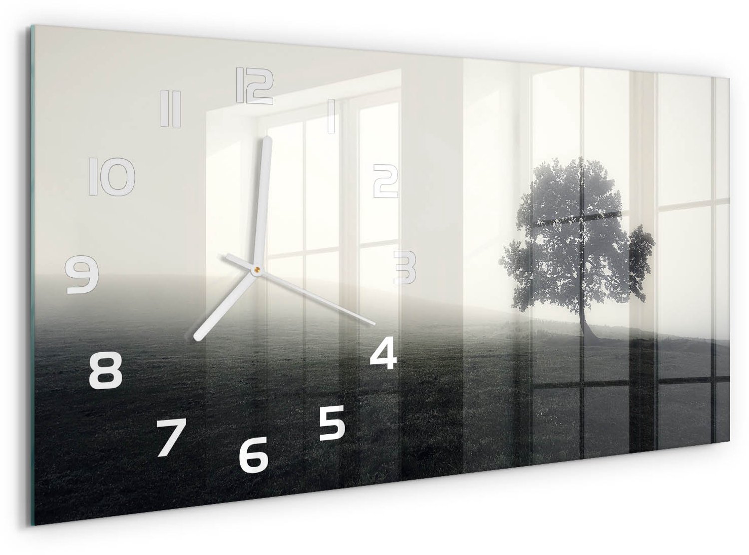 TULUP Wandklok - Eenzame boom Moderne Wandklok Glas - 60x30 cm - Grijs Wandklok Glas Decoratie - Witte handen - Rechthoekige Klok - Glazen Wandklok Design - Klok Glas Met Opdruk