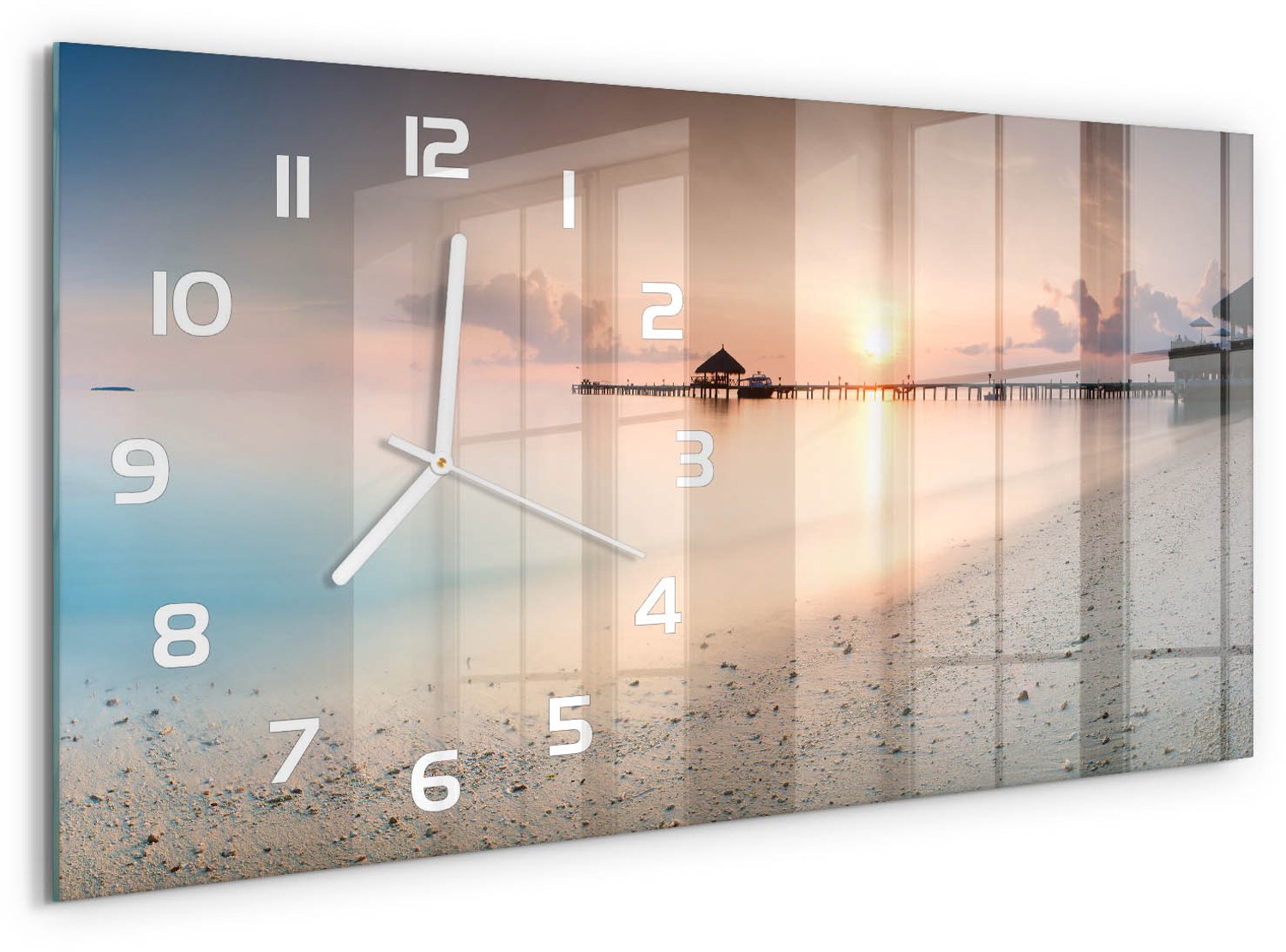 TULUP Wandklok - Strand van de Malediven Decoratieve Glazen Klok - 60x30 cm - Veelkleurig Glazen Wandklok Design - Witte handen - Rechthoekige Klok - Glazen Klok Met Print - Wandklok Glas Met Motief