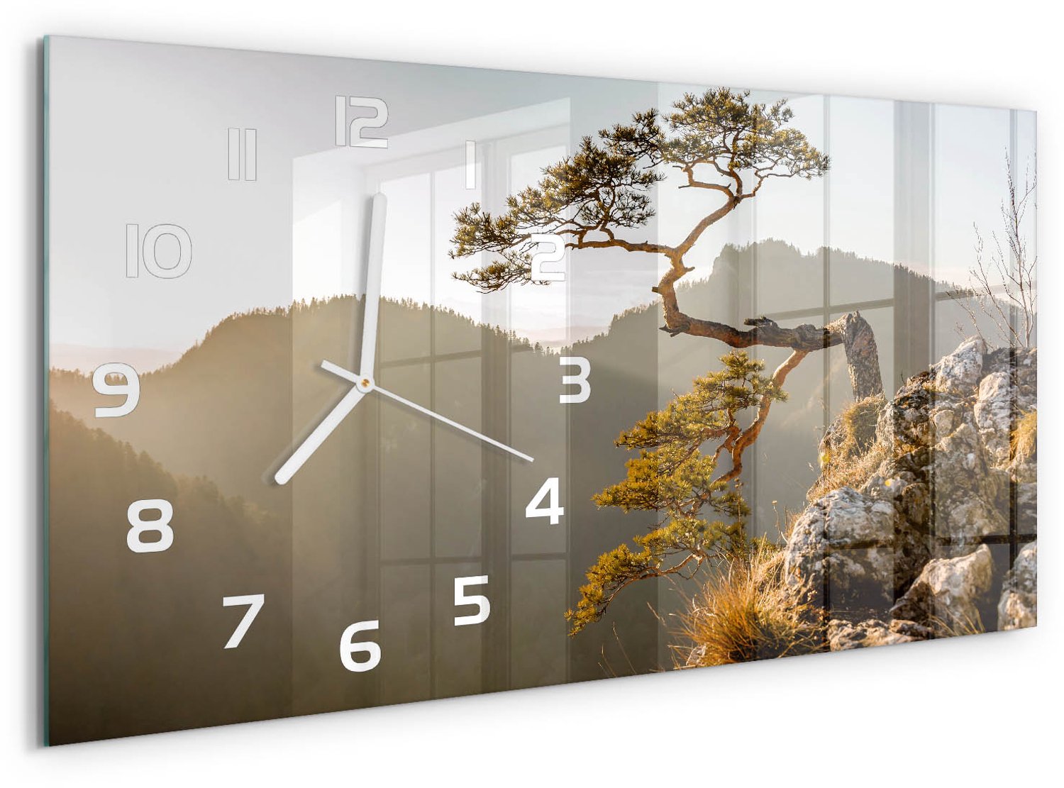 TULUP Wandklok - Sokolica Pieniny Decoratieve Glazen Klok - 60x30 cm - Bruin Glazen Wandklok Design - Witte handen - Rechthoekige Klok - Glazen Klok Met Print - Wandklok Glas Met Motief