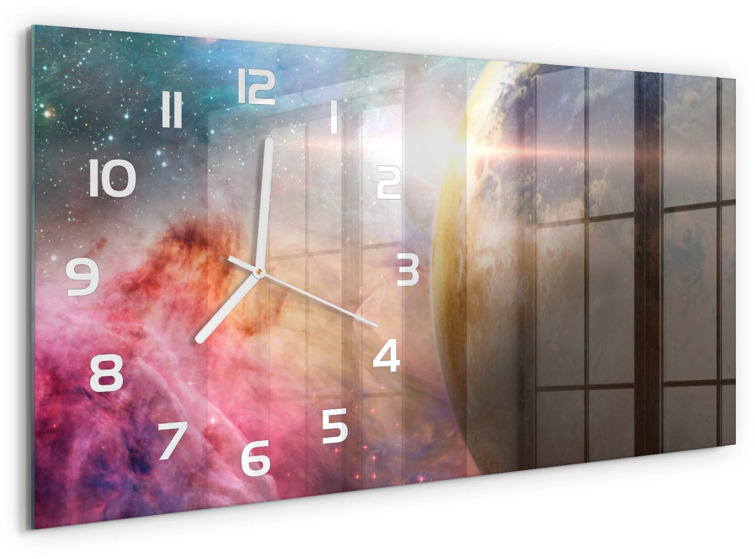 TULUP Wandklok - Melkwegstelsel Wandklok Glas Met Motief - 60x30 cm - Veelkleurig Decoratieve Glazen Klok - Witte handen - Rechthoekige Klok - Gekleurde Glazen Klok - Glazen Klok Met Print