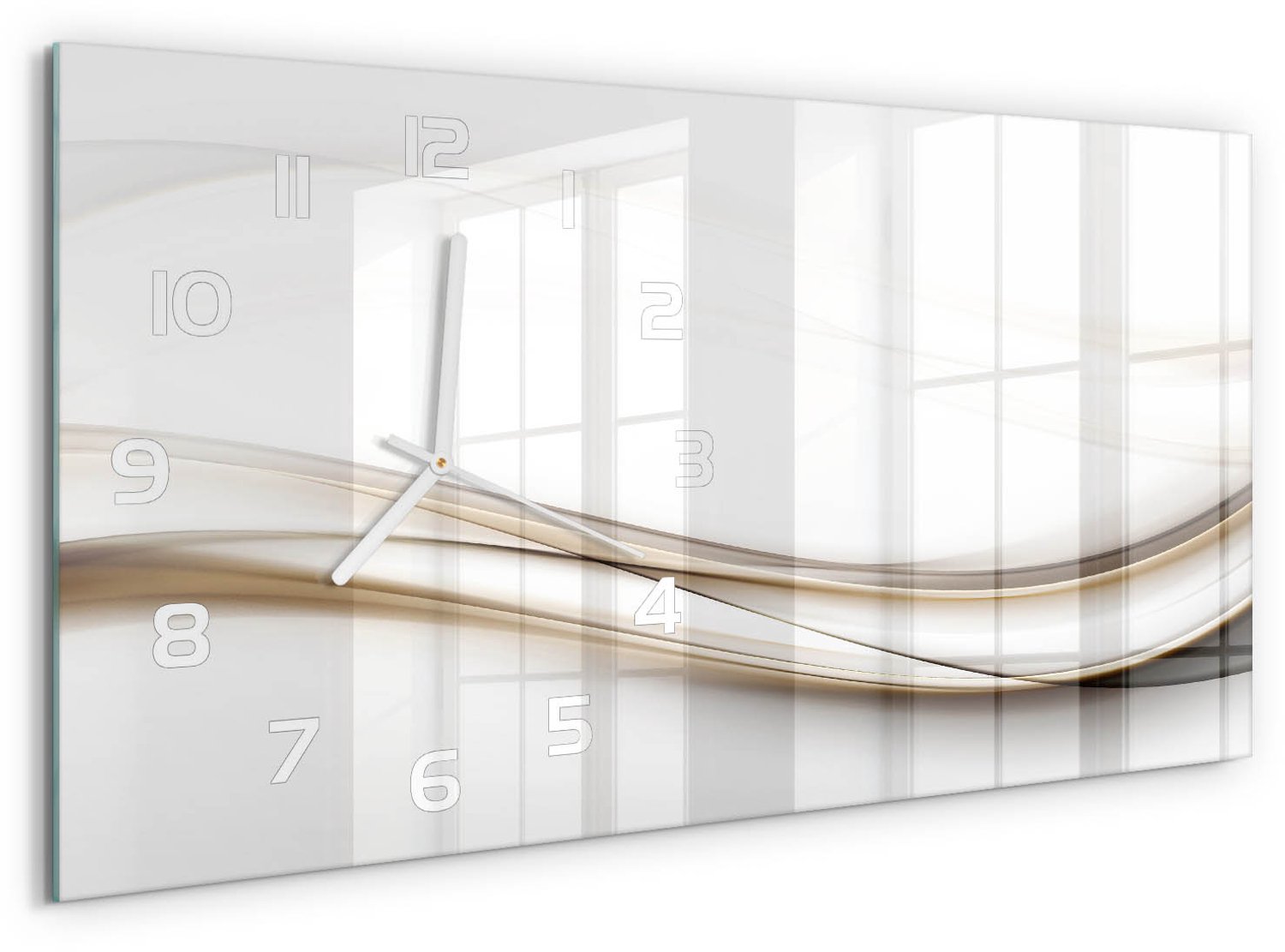 TULUP Wandklok - Golfabstractie Decoratieve Glazen Klok - 60x30 cm - Beige Glazen Wandklok Design - Witte handen - Rechthoekige Klok - Glazen Klok Met Print - Wandklok Glas Met Motief
