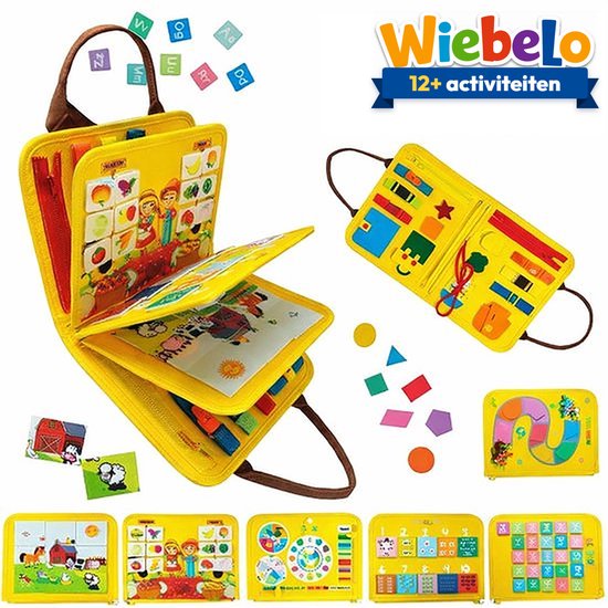Gele Wiebelo activiteitenboek met 12+ activiteiten, inclusief alfabetletters, dieren en boerderijthema's.