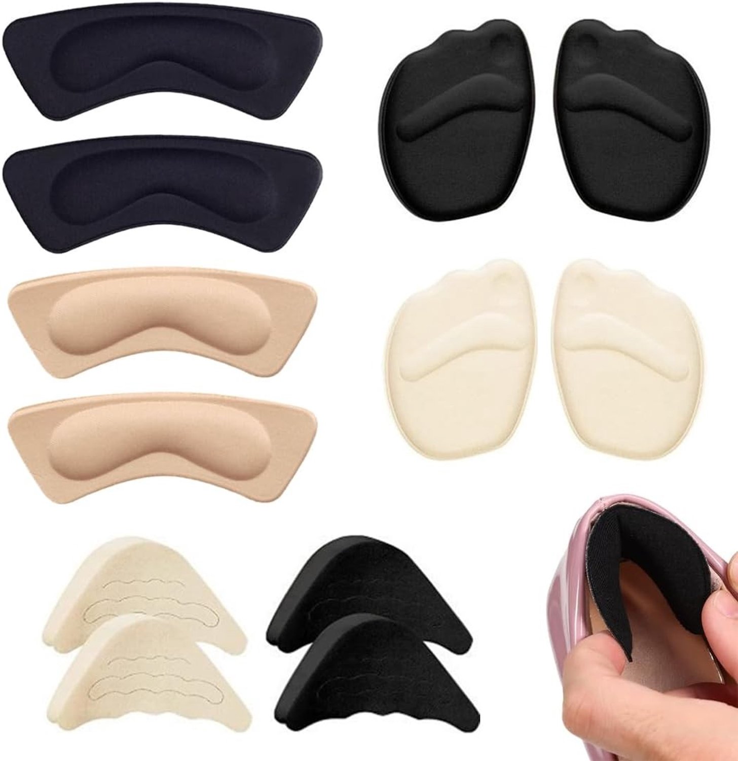 Comfortabele hoge hakken inlegzolen, antislip bal en hiel pads, teen pads voor betere pasvorm en pijnverlichting - 12 stuks in 2 kleuren