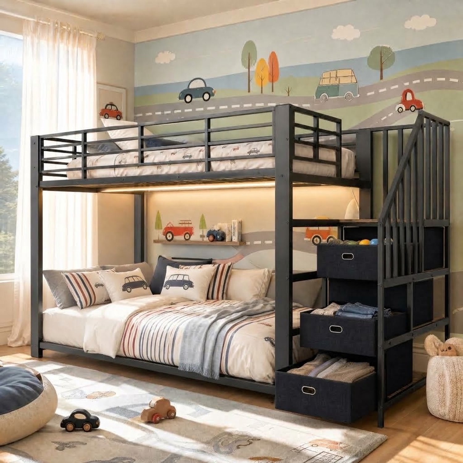 Zubaliya stapelbed 90x200 cm Zwart, Metalen bed met Trap en Opbergruimte, LED Verlichting, USB en Stopcontact, Trap Links of Rechts Monteerbaar