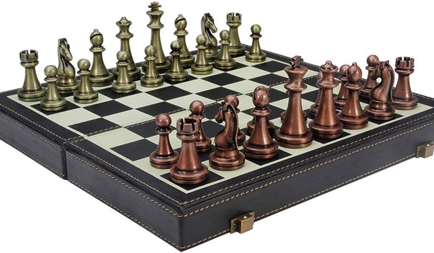 Schaakspel Geavanceerd leren schaken-vintage metalen brons schaakstukken vouwen houten schaakbord set for volwassen studenten Schaaksets voor kinderen en volwassenen