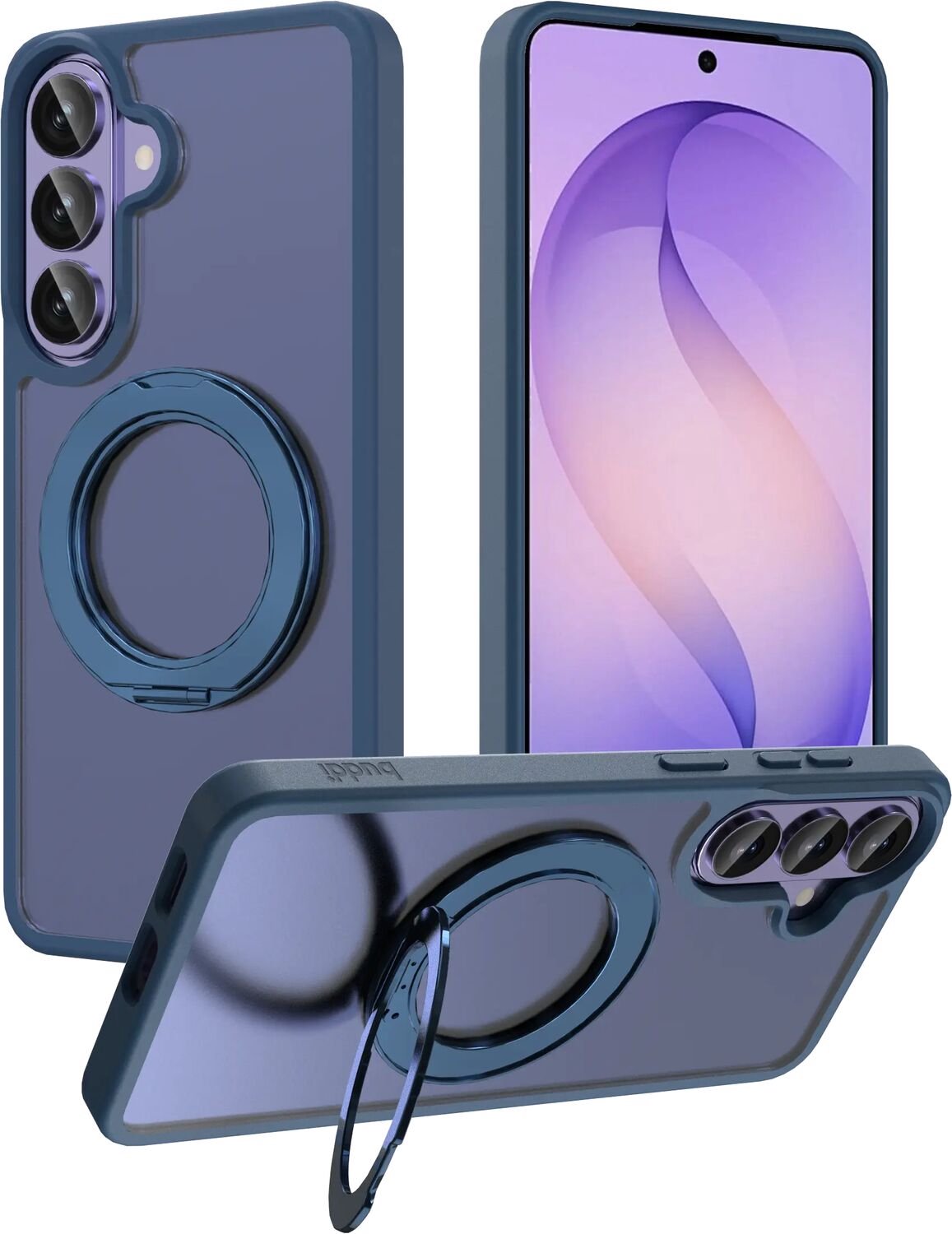 Buddi Frost Hoesje Geschikt voor Samsung Galaxy S26 Plus - Mat Donker Blauw - Met Ring Stand - MagSafe Back Cover - Matchende kleur - Met 360° Draaibare Standaard - Shockproof - Slank