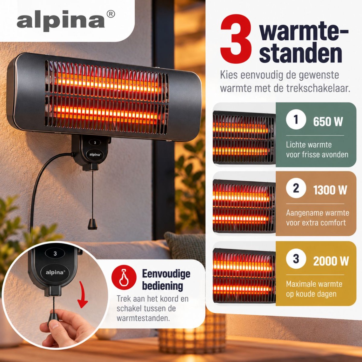 alpina Infrarood Verwarming Hangend - Terras Heater 2000W 3 Warmtestanden - Spatwaterdichte Terrasheater IP34 met Infrarood Paneel - Terrasverwarmer – foto 3