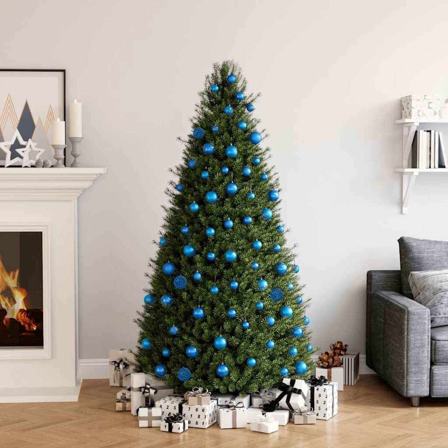 Kerstballenset blauw, kerstballen van kunststof in drie maten, glinsterende kerstballen voor boom, huis en kantoor met opbergdoos