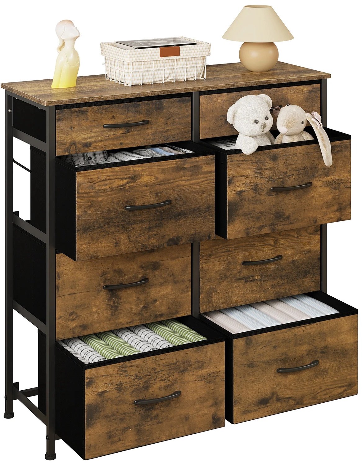 Tremeo Stijlvolle Ladekast - Vintage Bruin - 8 lades - Lichte stoffen lades - Commode - Opbergkast - Dressoir - 86x30x98 cm