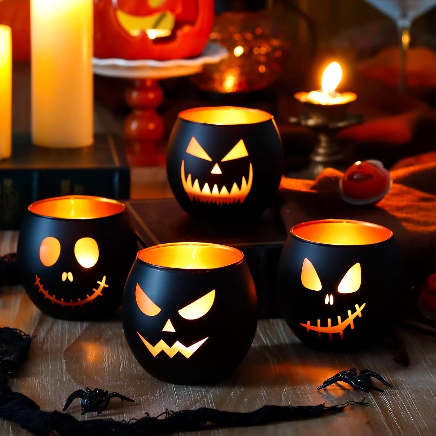 Halloween tafeldecoraties - set van 4 kaarsenhouders - glas - sfeervolle verlichting voor spookachtige feesten - ShopVlot