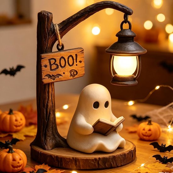 Halloween Schattig Lezend Spook Beeldje van Hars - Spook Standbeeld met LED Lantaarn en Boo Bord - Herfst Tafeldecoratie voor Openhaard Boekenplank - Leuk Halloween Cadeau voor Binnen