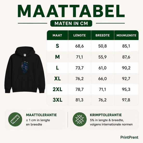 Maattabel voor hoodie met draak, inclusief mouwlengte in centimeters, maten S tot 3XL.