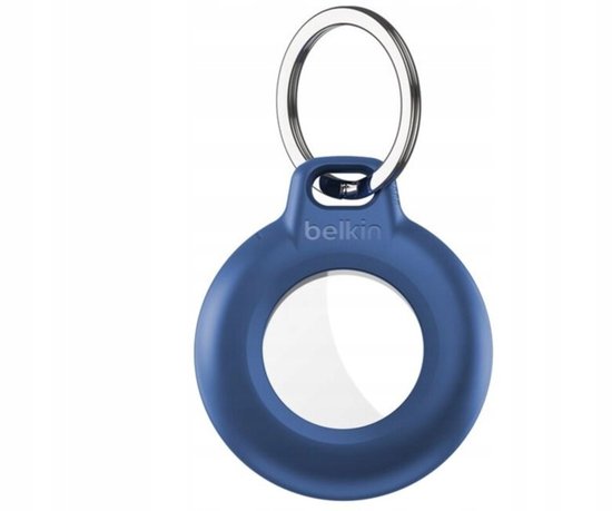 Blauwe waterdichte AirTag-houder met 'belkin' logo en een metalen sleutelring.