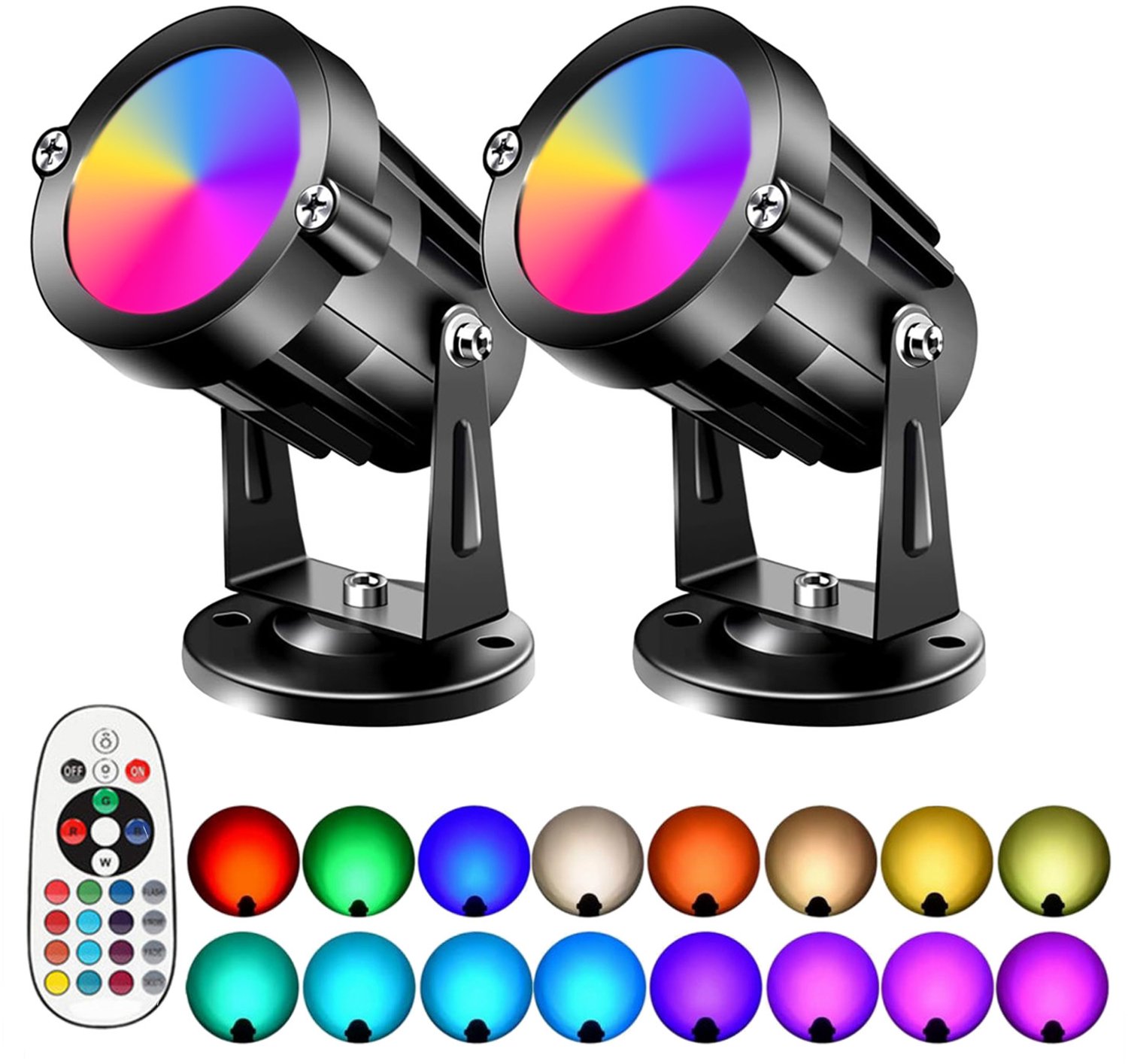 HisKes LED spotlights - 2 stuks - Buitenverlichting met afstandsbediening - RGBW-spot met kleurwisseling - Decoratieve verlichting voor bomen in de tuin - 16 kleuren en 4 standen - Geschikt voor binnen en buiten - 6x10 cm